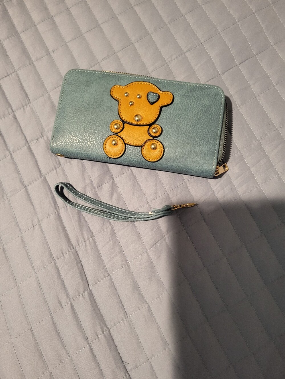 Blue Leather Teddy Zip Wallet Wristlet